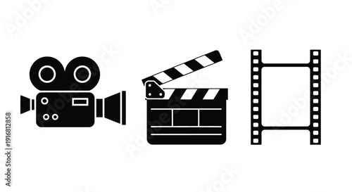 Vintage Film Camera Clapperboard and Film Strip Icons.