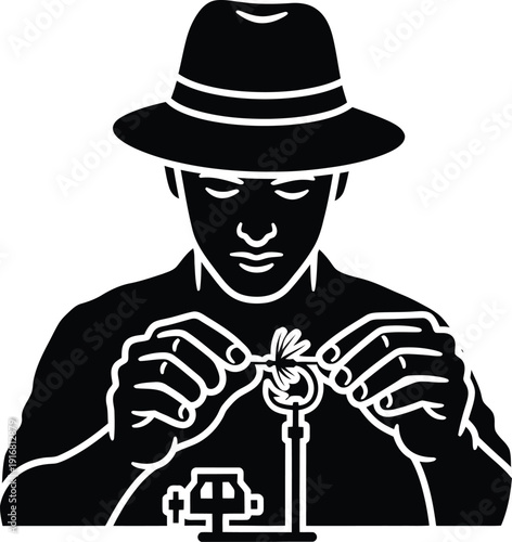 Silhouette Mysterious person handling keys and lock with focused expression wearing hat