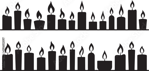 Two rows of diverse black silhouette burning candles with flickering flames on a clean white background