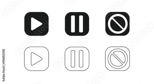 Set of Play Pause Stop Icons in Black and White.