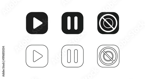 Set of Play Pause and Mute Icons in Black and White.