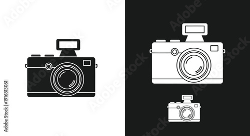 Modern Digital Camera Icon Set Black and White.