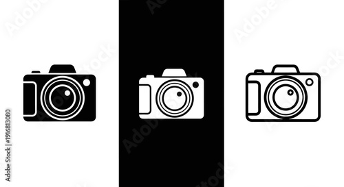 Three stylized camera icons in black and white.