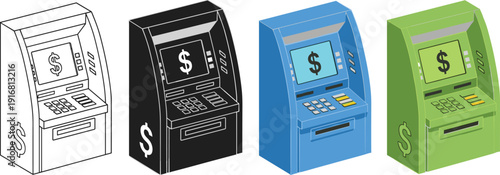 Set of four modern ATM cash machine illustrations in line art, solid silhouette, and isometric blue and green styles with dollar signs on screens for financial technology concepts.