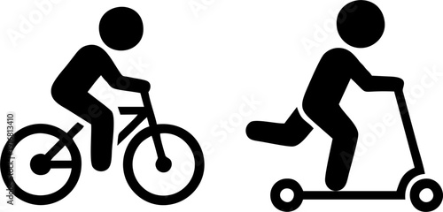 Silhouettes of a person riding a bicycle and a kick scooter