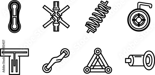 Black outline vector icons set of mechanical industrial parts including springs pulleys connectors metal components and engineering hardware for technical projects