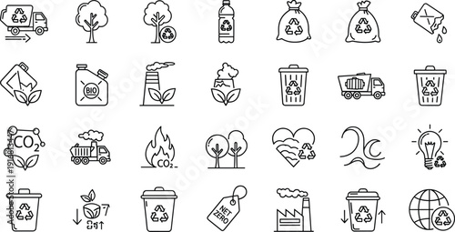 Set of thirty black and white line art icons featuring recycling symbols eco friendly waste management sustainability green energy ecology and 