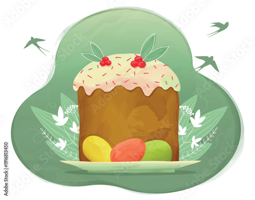 Easter cake with painted eggs, branches in the background, and birds. Happy Easter! Poster