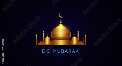 Golden mosque illustration with text 'Eid Mubarak' on a dark blue background