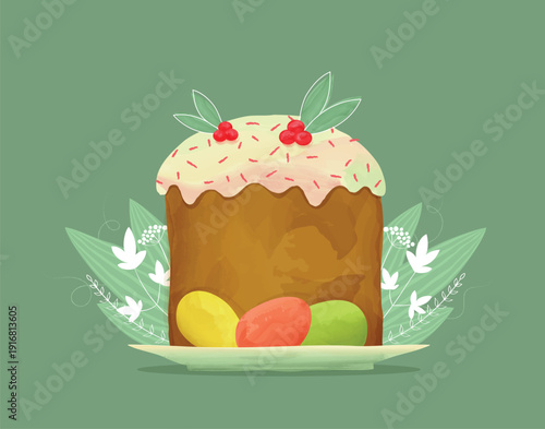 Easter cake with painted eggs, branches in the background, and birds. Happy Easter! Green background poster