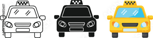 Taxi cab vehicle illustrations set featuring front view line art black silhouette and yellow cartoon styles for transportation urban travel and taxi service branding