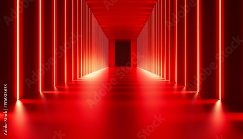 Illuminated red corridor with glowing neon lights creating a vibrant atmosphere for abstract backgrounds or futuristic designs
