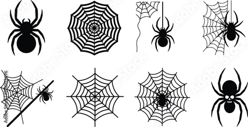 Spooky black and white vector illustration set featuring minimalist spider silhouettes and intricate cobwebs, perfect for Halloween designs, nature themes, and creepy insect graphics.