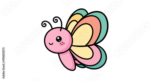 Adorable pink cartoon butterfly with colorful wings and cute face illustration