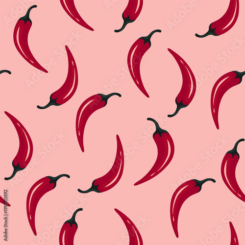 Hand-drawn red chili pepper on a light background. Seamless pattern of hot peppers, suitable for backgrounds, covers, posters, postcards, or wallpaper.