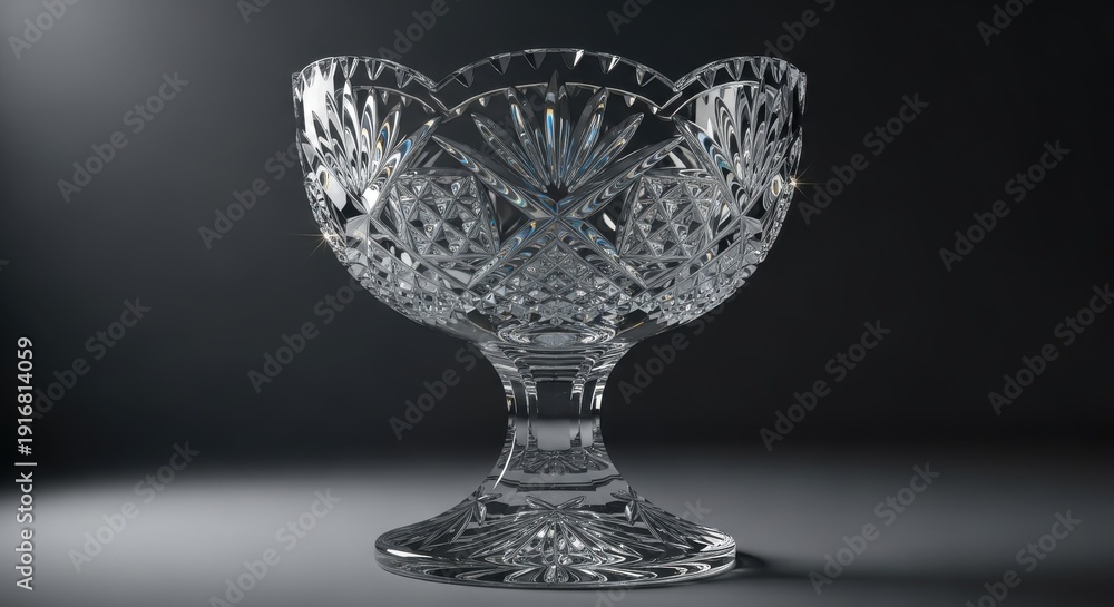 Obraz premium Intricate cut glass serving dish rests on a reflective surface under dramatic lighting