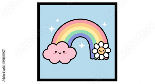 Whimsical pastel rainbow with happy cloud and daisy flower in a charming cartoon illustration, bringing joy and brightness to any design