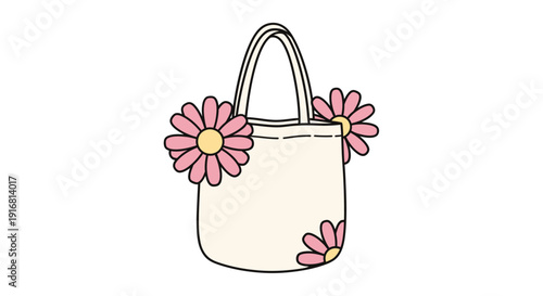 Hand-drawn illustration of a tote bag adorned with cheerful pink daisy flowers