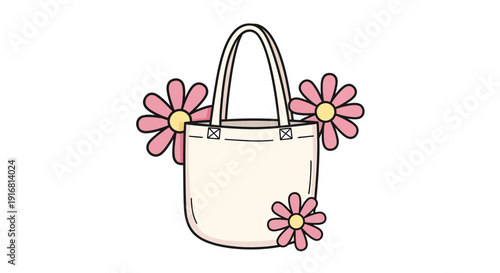 Charming eco-friendly reusable canvas tote bag illustration adorned with delightful pink blossoms