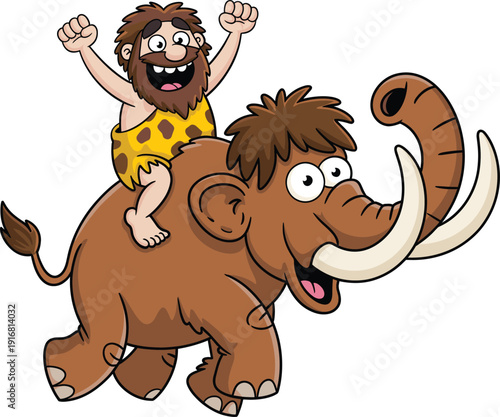 Cute caveman riding mammoth prehistoric adventure cartoon character vector illustration isolated white background stone age humor wildlife concept fun kids mascot design art