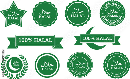Collection of green Halal certification labels and badges with Arabic calligraphy crescent moon and laurel wreath symbols for food packaging and Islamic dietary compliance