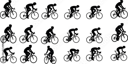 Cyclist silhouette vector illustration of people riding road bicycles in different poses, black bike rider collection isolated on white background for sports, fitness, motion concepts