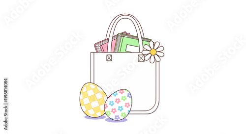Charming illustration of a stylish tote bag filled with essentials, accompanied by beautifully decorated Easter eggs, perfect for spring season
