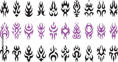 A diverse arrangement of tribal style symbols in black and vibrant pink hues across multiple rows