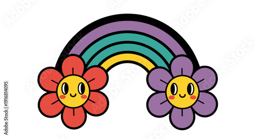 Playful retro illustration of a colorful rainbow arching over two smiling flowers, evoking happiness and whimsy