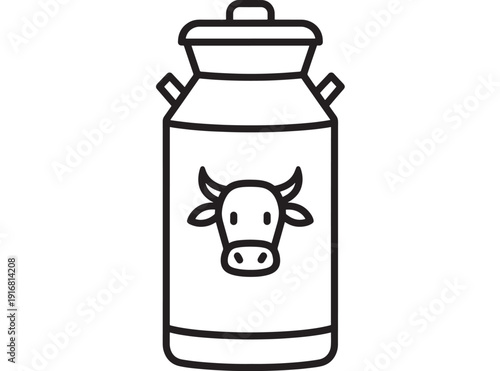 Milk can icon with cow head symbol, simple black outline vector illustration for dairy farm products, packaging labels, nutrition apps, and food industry signage