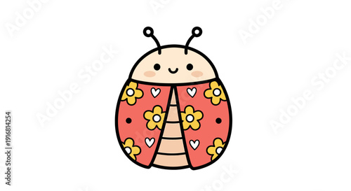 Cute cartoon ladybug with a floral pattern on its wings, isolated on white