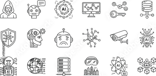 Comprehensive 16 black and white line art vector icon set for artificial intelligence machine learning neural networks robotics cybersecurity cloud computing and future digital technology.