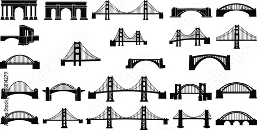 Bridge silhouettes collection, suspension arch and landmark city bridges vector set isolated on white background illustration design