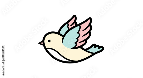 Charming illustration of a small, cartoonish bird with wings spread in flight