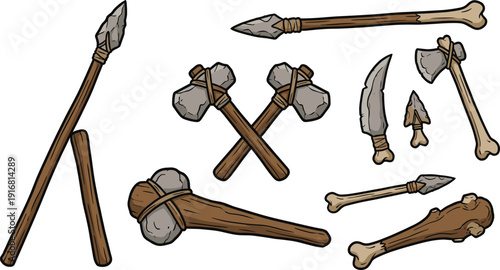 Prehistoric stone age weapons set with spears clubs axes and bone tools primitive survival equipment cartoon vector illustration isolated white background