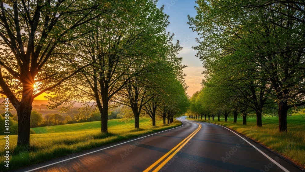 Obraz premium Winding country road lined with trees at sunset golden hour.