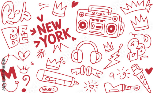 A lively assortment of red outline doodle illustrations featuring pop culture and urban elements