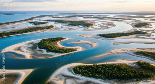 Wallpaper Mural Aerial view captures extensive winding water channels weaving through low-lying landforms near a large body of water. Torontodigital.ca