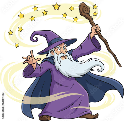 Powerful fantasy wizard casting magic spell with staff and stars mystical sorcerer character cartoon vector illustration isolated white background epic fairy tale design