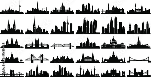 City skyline silhouettes, architectural landmarks, famous towers, bridges, urban landscape, global architecture, black silhouette design, iconic buildings, world cities, travel