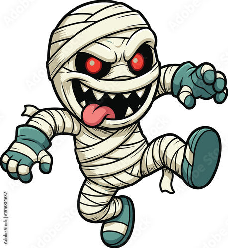Cute cartoon mummy monster illustration with red eyes playful Halloween character wrapped bandages isolated white background spooky vector art design kids sticker
