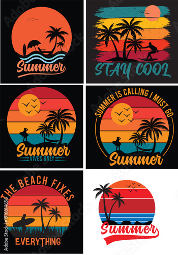 Vector illustration set of tropical island summer icons featuring palm trees, beach sand, and ocean waves for travel and vacation nature landscape designs