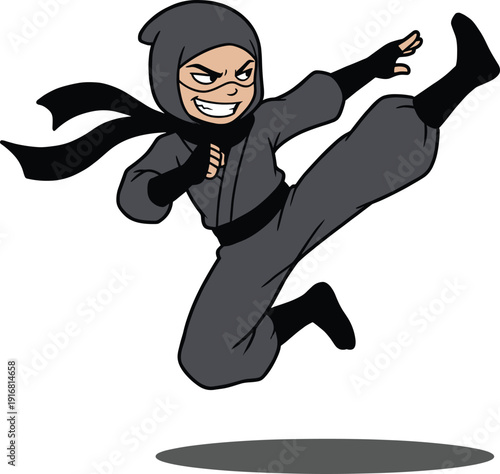Cartoon ninja martial artist performing high kick action illustration stealth fighter character isolated white background dynamic vector art design combat kids animation