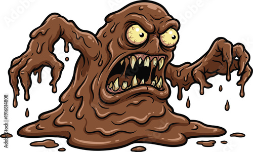 Scary slime monster cartoon illustration with dripping goo sharp teeth horror fantasy creature character isolated white background spooky vector art design