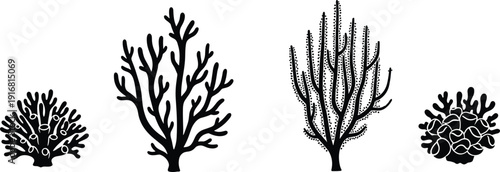 Coral reef silhouettes set, underwater sea plant and ocean coral collection isolated on white background vector illustration