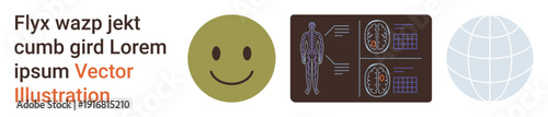 Medical research, global communication, health analysis, data visualization, neuroscience, emoticons. Human anatomy with brain scans, happy face and globe. Medical research and global communication