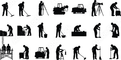 Construction worker silhouettes set, industrial labor maintenance cleaning equipment operator vector illustration black icon collection