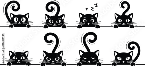 Black Cat Silhouette Set Cute Cartoon Kittens Peeking Sleeping Sitting Tail Up Halloween Pet Character Collection Isolated on White Background