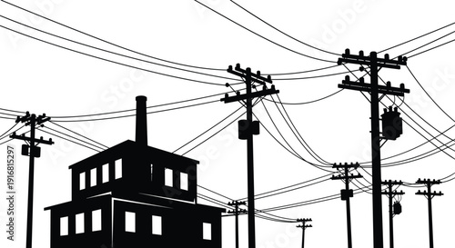 Electric power lines and factory silhouette, utility poles transformer industrial building energy infrastructure vector illustration