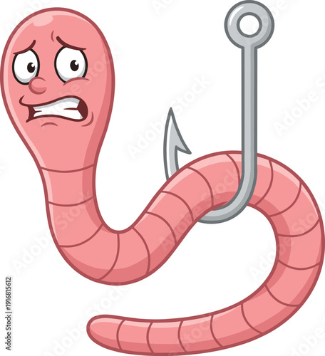 Funny cartoon fishing worm hooked on metal fish hook vector illustration character isolated white background humorous bait concept design playful emoji style